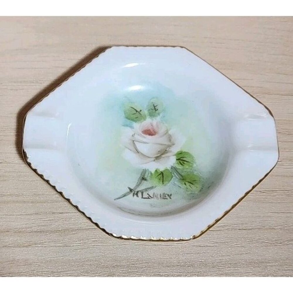 Vintage Bone China Rose ASHTRAY Ash TRAY Vanity Ladies Theatre Gift Wedding Ring